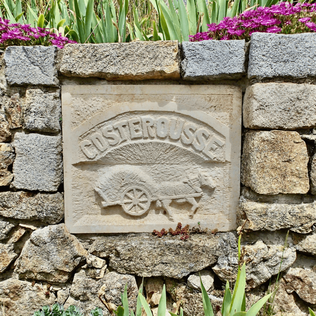 gite lamastre ardeche - pierre gravée au nom de Costerousse et fleurs juste au dessus