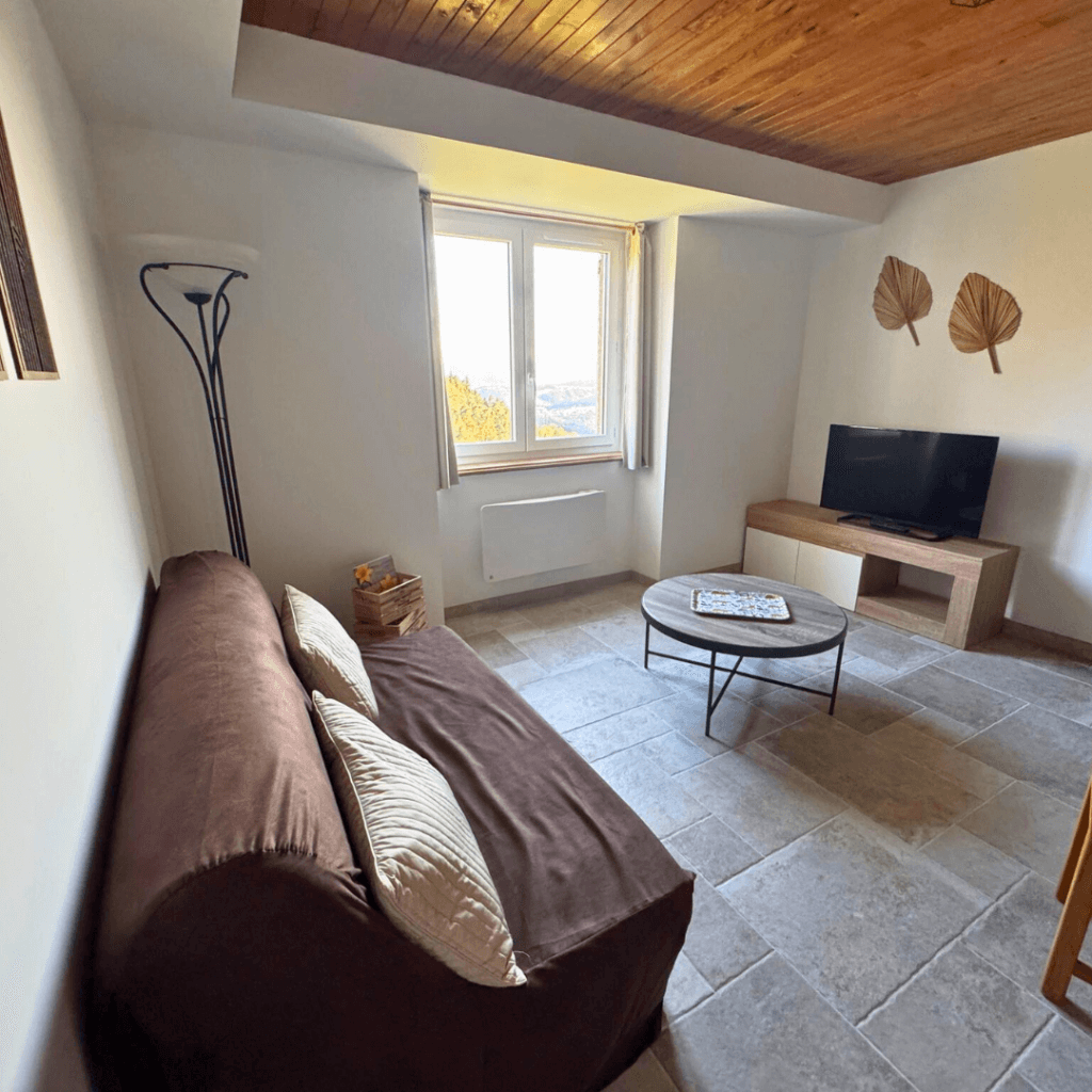Gite Ardèche 5 personnes - zone du salon du gite la pourette avec un canapé, une tv, une fenêtre