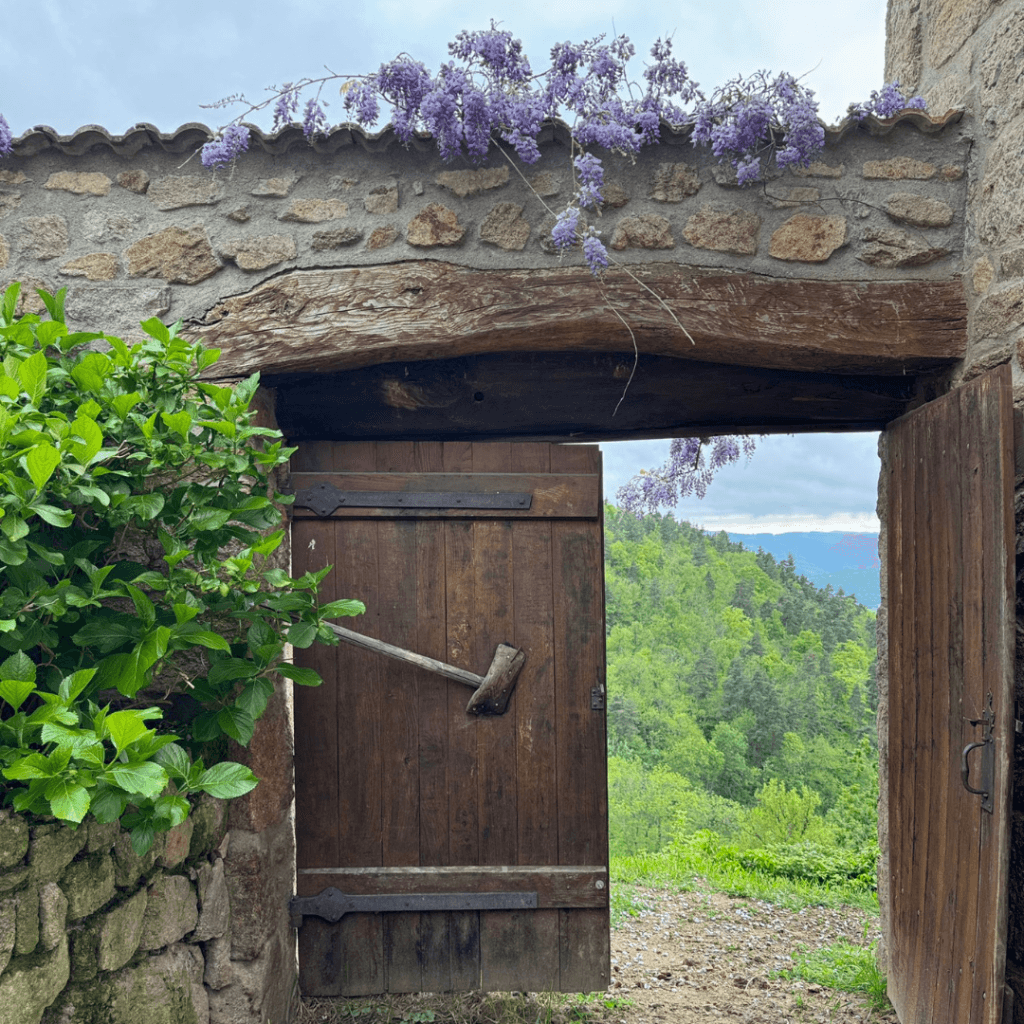 mur en pierre et fleurs violettes et grande portes en bois à coté du grand gite de la Comballe