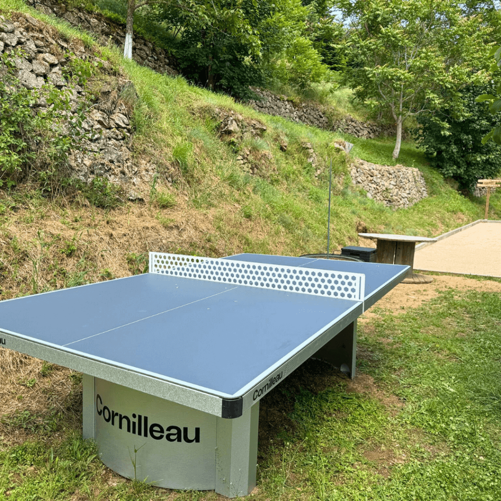 table ping pong en métal dans un jardin, près d'un terrain de pétanque